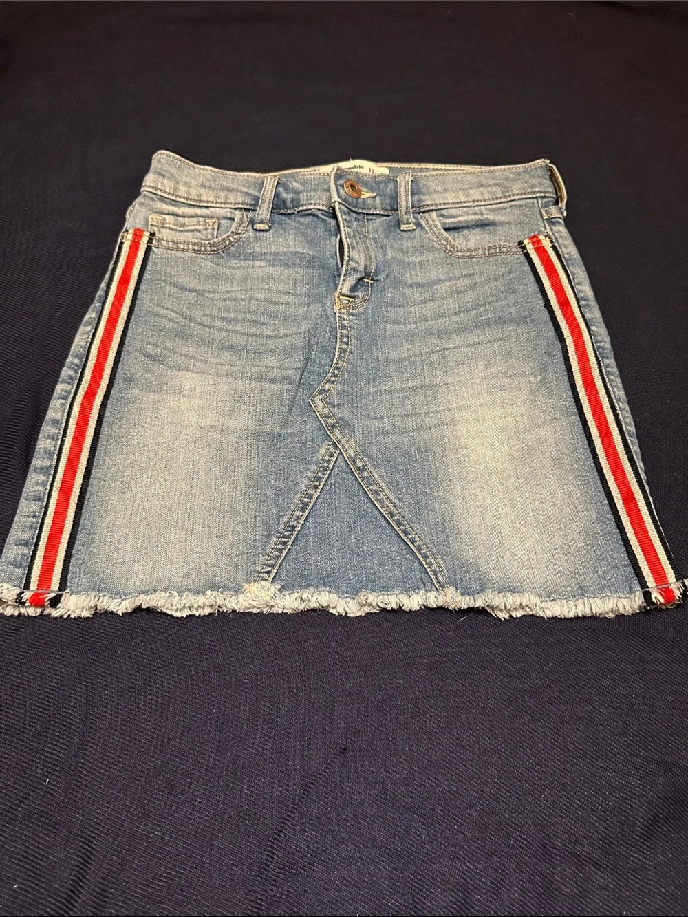 Light Wash Denim Mini Skirt with Red & Black Side Stripes